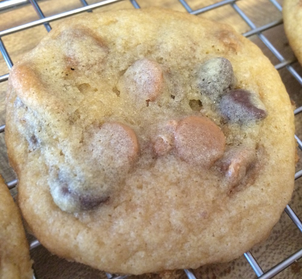 Here is a link to the recipe . We replaced the 2 cups of semi-sweet chips and 1 cup of chopped nuts with 1 cup semi-sweet chocolate chips, 1 cup milk chocolate and 1 cup peanut butter chips.